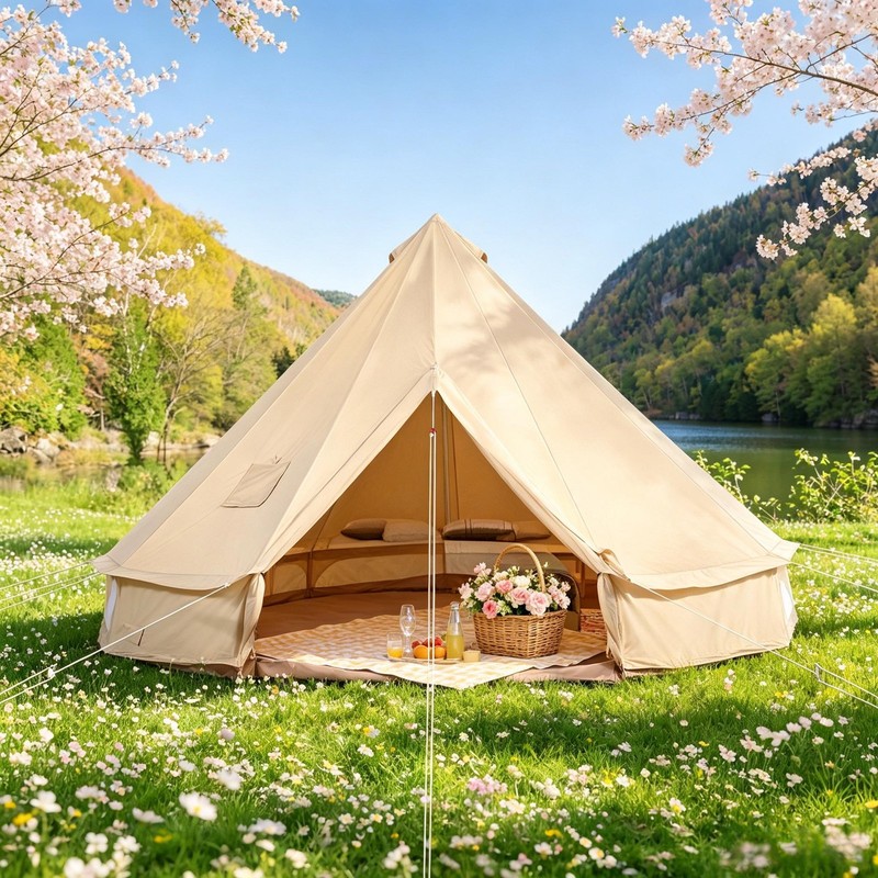 Cotton Canvas Bell Tent, Waterproof Large Tents with Sturdy Center & Door Pole