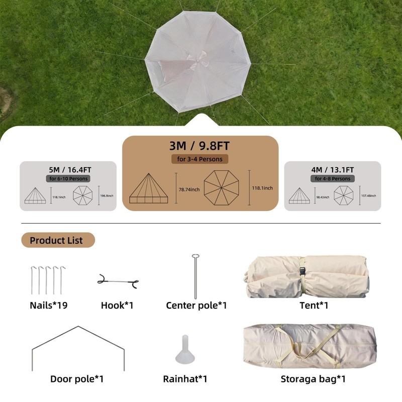 Bell Tent 9.8FT Green Waterproof Yurt, Spacious Interior, Jack, Mesh , Ideal for gallery