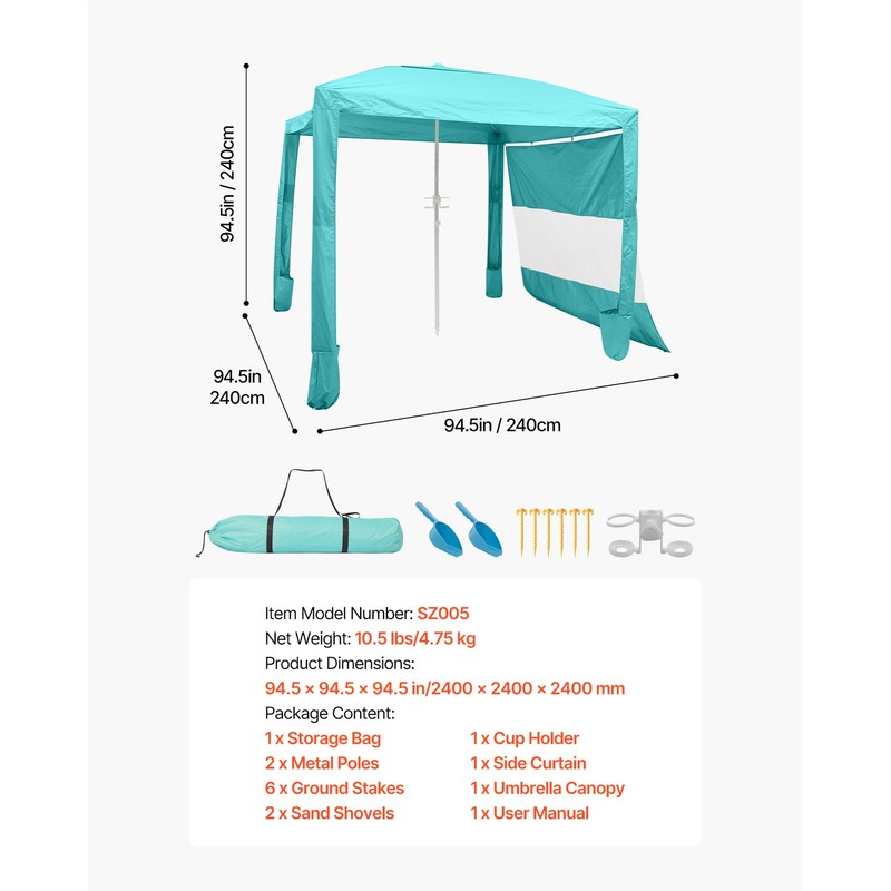 Uimoso Beach Cabana Canopy with Side Wall & Carry Bag, 8 x 8 ft, UPF 50+, Green gallery