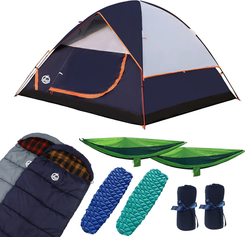 9PCS Camping Tent Kit, Including 1 2/3 Person Dome Tent, 2 Sleeping Bag, 2 Sleep