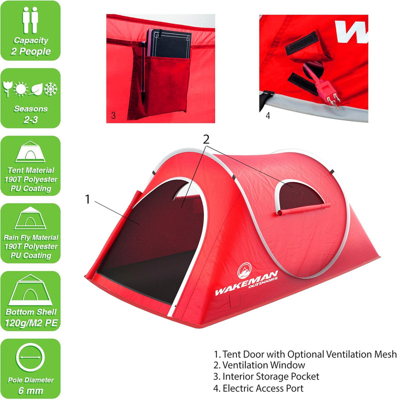 2 Person Pop up Tent with Dual-Layer Door and Carry Bag - Water-Resistant Tent f gallery