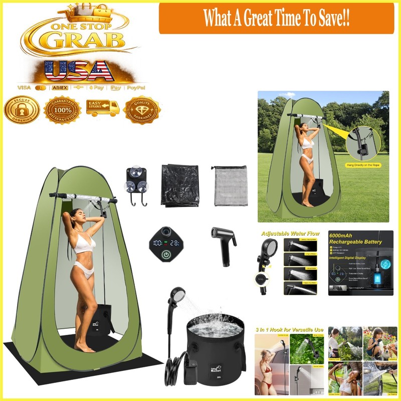 Green Camping Shower Tent Pop-Up Privacy Shelter with Rechargeable 6000mAh Sh…
