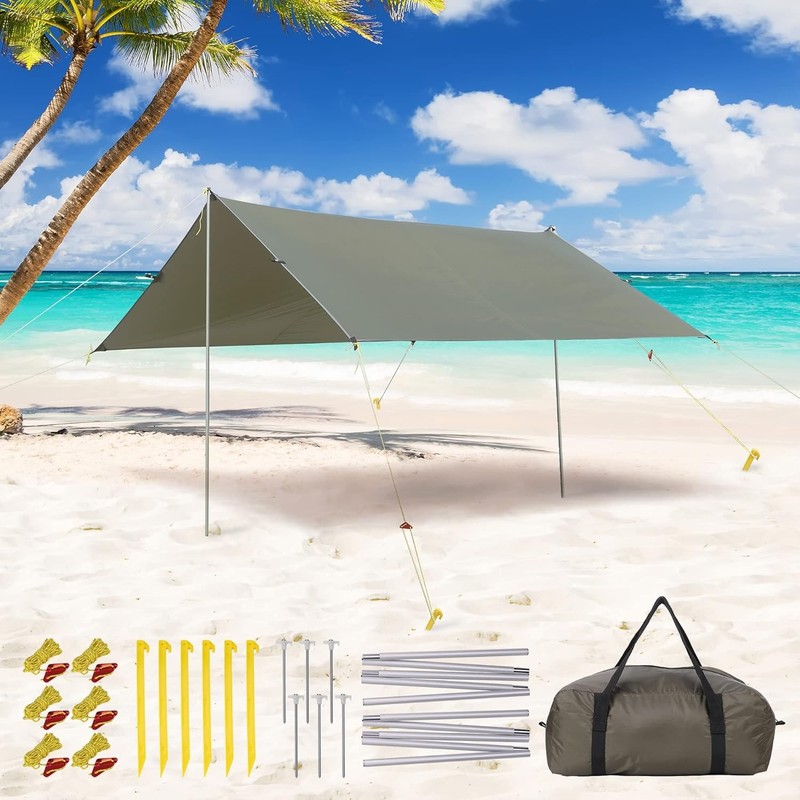 10.5x9.2FT Camping Tarp w/ Poles Portable Sun Shelter Beach Tent Tarp Waterproof gallery