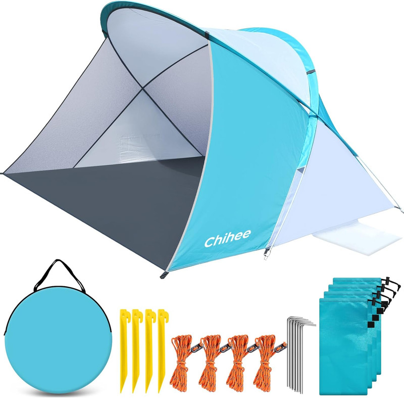 Pop-Up Beach Tent for 1-2 Person UV Protection Silver Coated Fabric Portable Sun