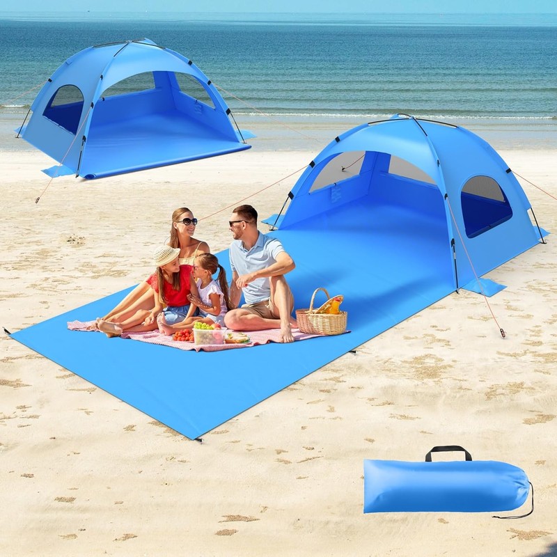 Beach Tent Sun Shelter W/ Extended Sand Mat 114×82inch，UPF 50 Protection 3