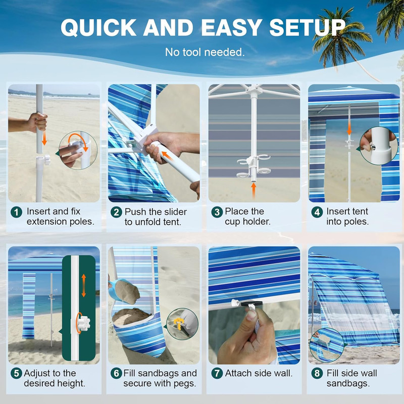 Beach Cabana, 8 * 8FT Beach Tent UPF50+ Protection, Easy Setup Beach Canopy Wind gallery