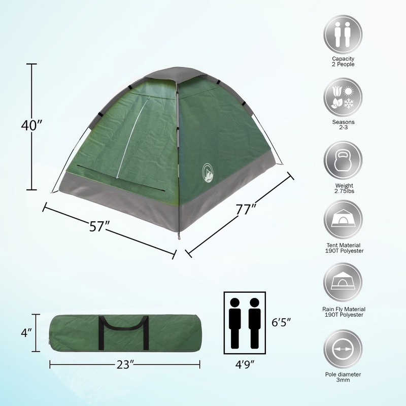 Wakeman Outdoors 2 Person Camping Tent with Rain Fly and Carry Bag (Green)