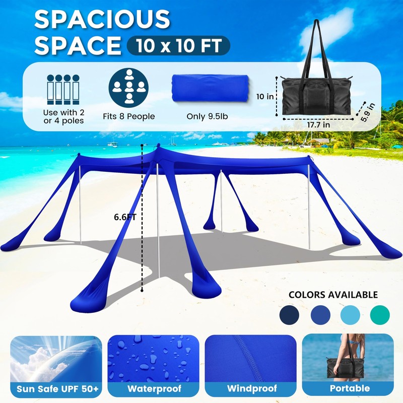 Beach Canopy Beach Tent Pop Up Shade 10x10ft Sun Shelter UPF50+ with 8 Sandba... gallery