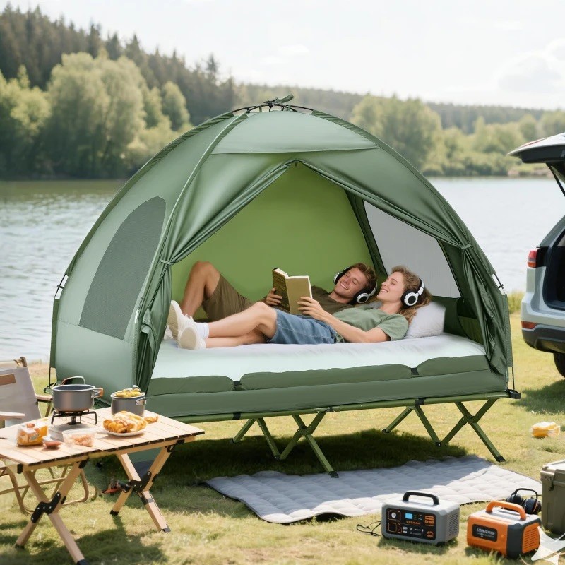 2 Person Tent Cot w/ Air Mattress & Pump – Elevated Portable Camping Bed
