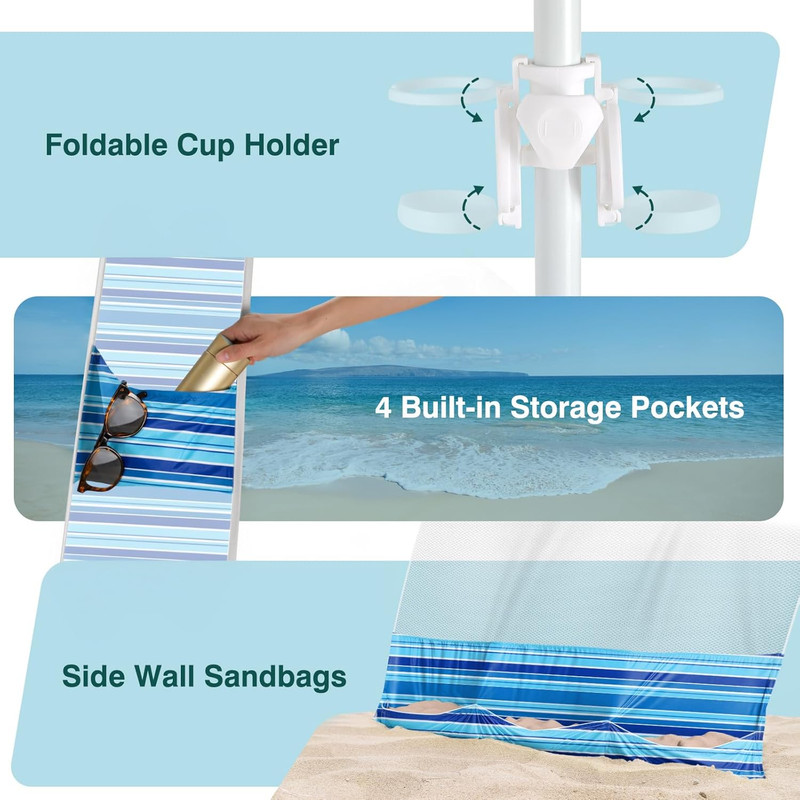 Beach Cabana, 8 * 8FT Beach Tent UPF50+ Protection, Easy Setup Beach Canopy Wind gallery