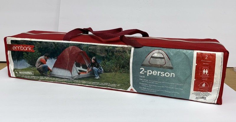 Never Used. Embark. 2 Person Tent With Bag Red Dome Gray Sides Easy Up Camping