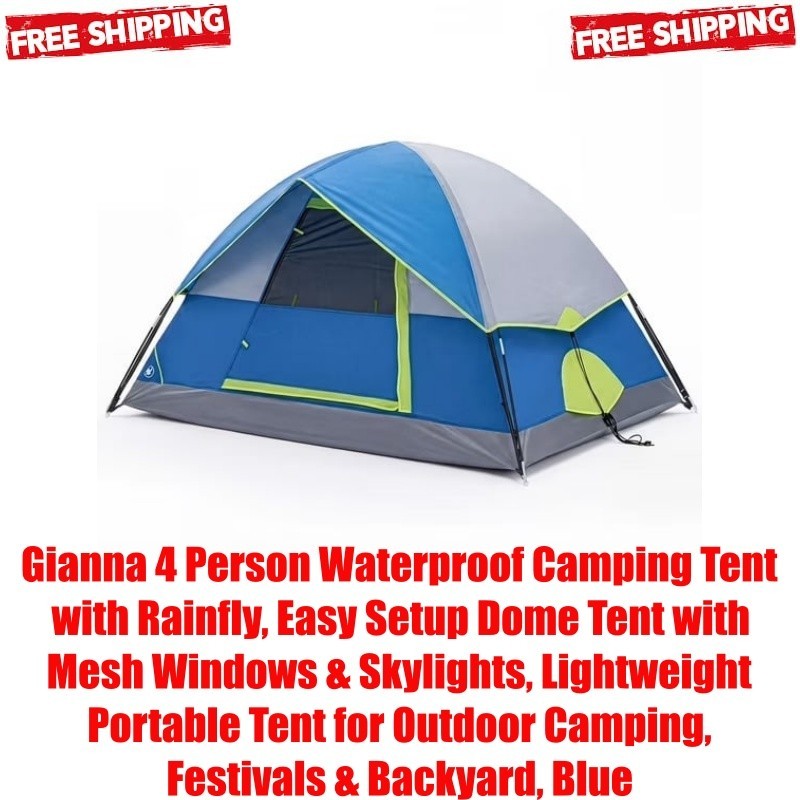 Gianna 4 Person Waterproof Camping Tent with Rainfly, Easy Setup Dome Tent