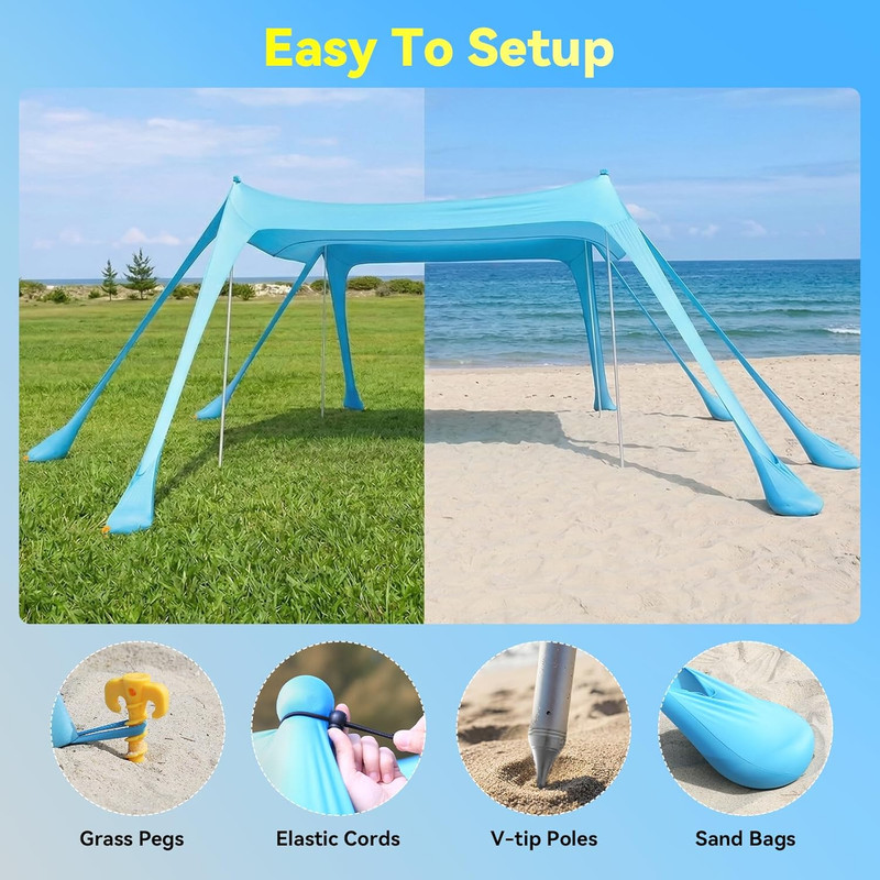 Beach Tent Sun Shelter - 10X10Ft Beach Shade Canopy UPF50+ Protection Easy Setup gallery