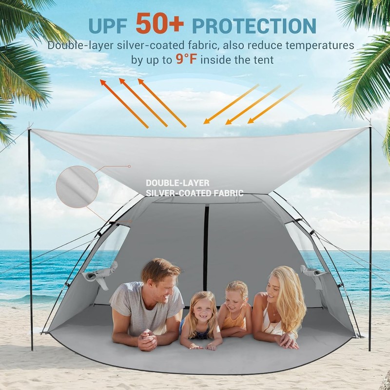 Beach Tent Sun Shelter W/ Canopy 4-5 Person Pop Up Beach Tent Easy Setup Silver gallery
