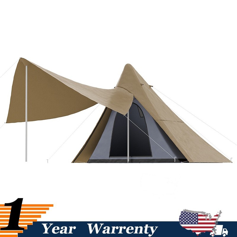 2-3 Person Teepee Tent Waterproof Camping Tent w/ Porch Floor & Carry Bag Brown