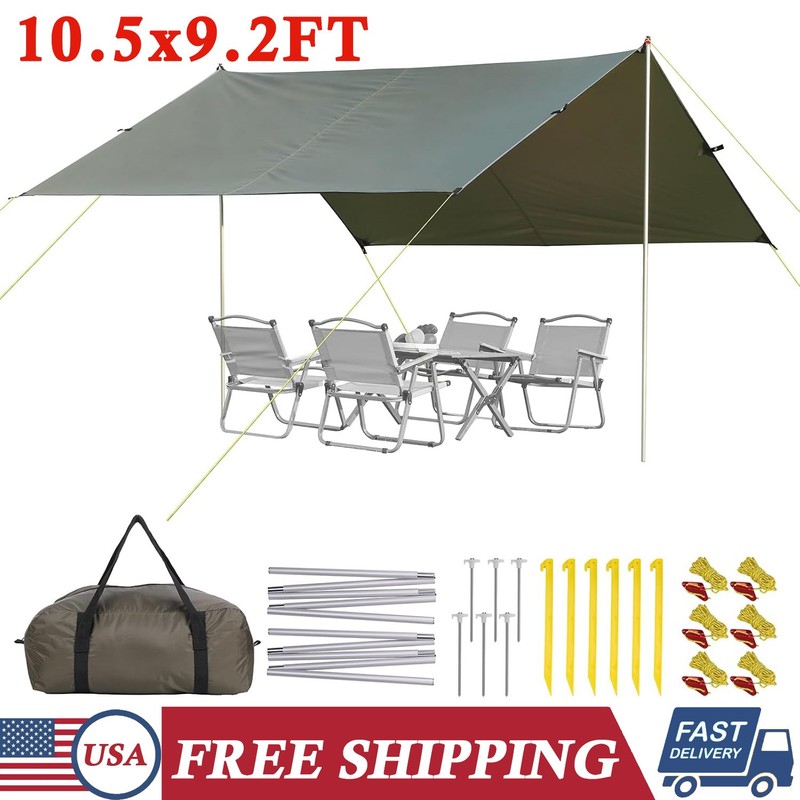 10.5×9.2FT Camping Tarp w/ Poles Portable Sun Shelter Beach Tent Tarp Waterproof