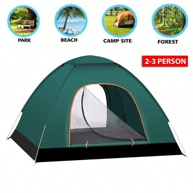Dark Green 2-3 Person Pop-Up Tent, Waterproof Oxford, UV Protection, Quick Setup