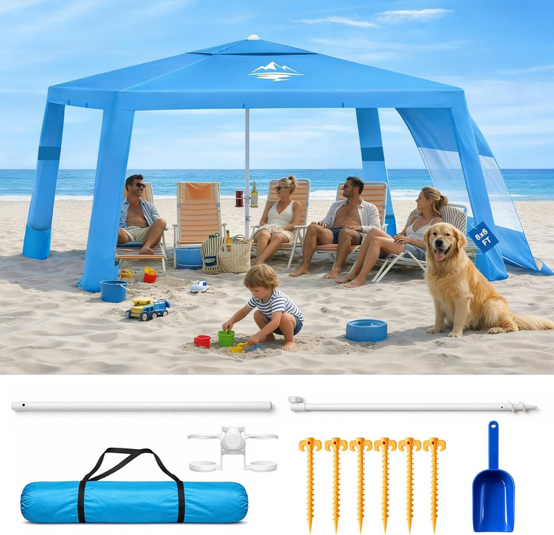 Beach Tent Shade Canopy – 8FT UPF50+ Beach Umbrella Sun Shelter 3Min Setup for 8