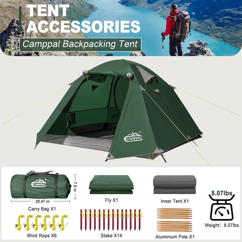 2-3 Person Backpacking Tent with Double Door 2 Vestibule, Waterproof Windproof L gallery