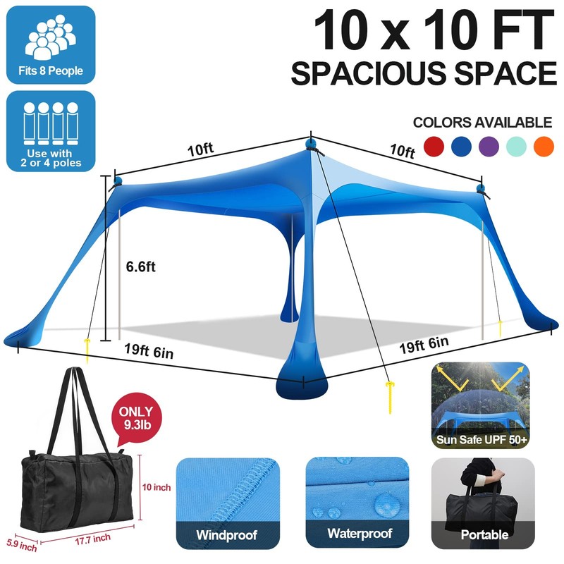 Beach Tent Pop Up Shade 10x10ft Beach Canopy Sun Shelter UPF50+ with 4 Foldab... gallery