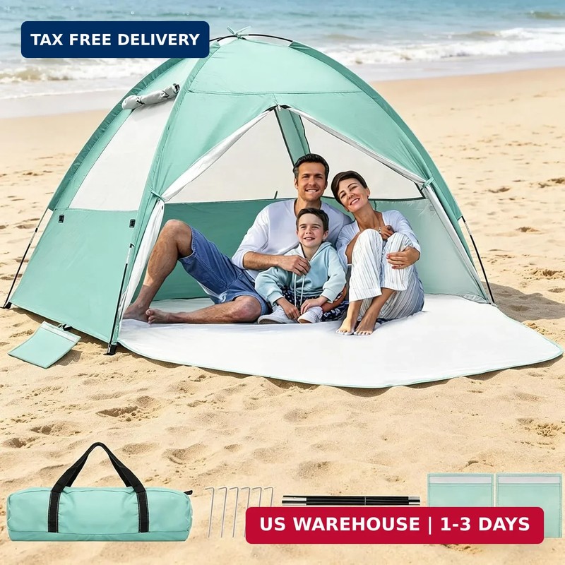 Beach Tent for 3-4 Person, Large Easy Setup Beach Shade Canopy with UPF 50＋ UV P