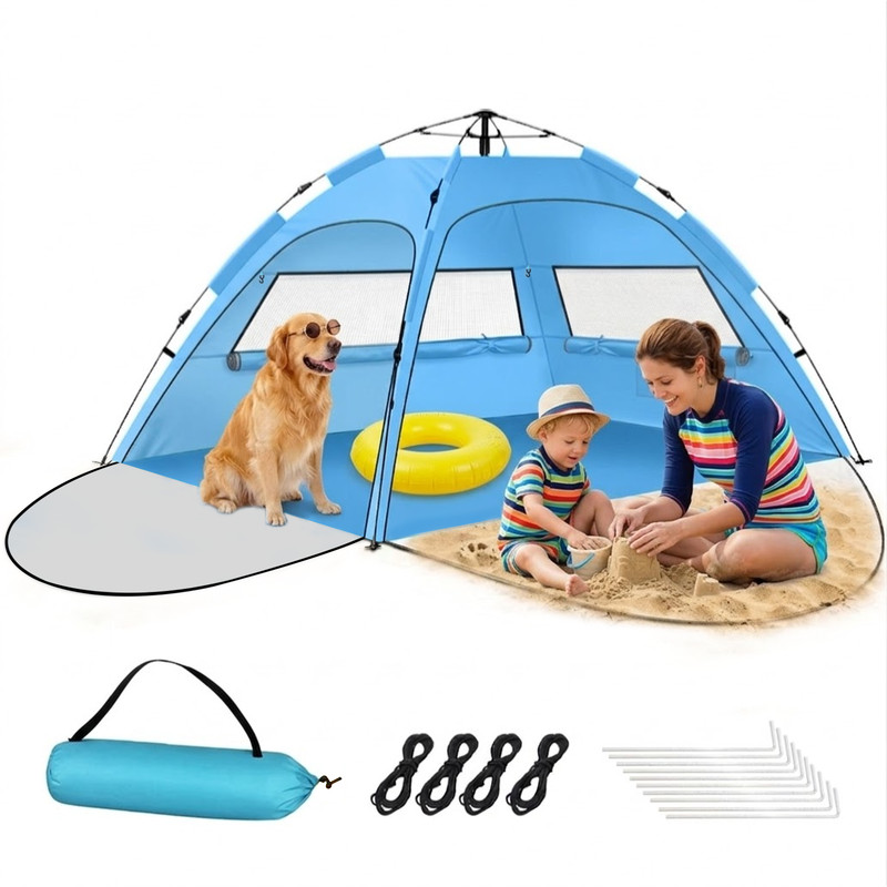 Beach Tent 3-4 Person Canopy Large Pop Up Sun Shelter UPF 50+ UV Protection