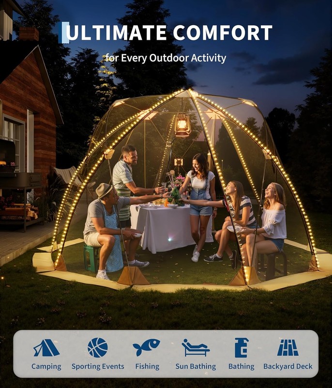 Pop Up Bubble Tent 10×10 ft, 4-6 Person Camping Shelter Fully Transparent
