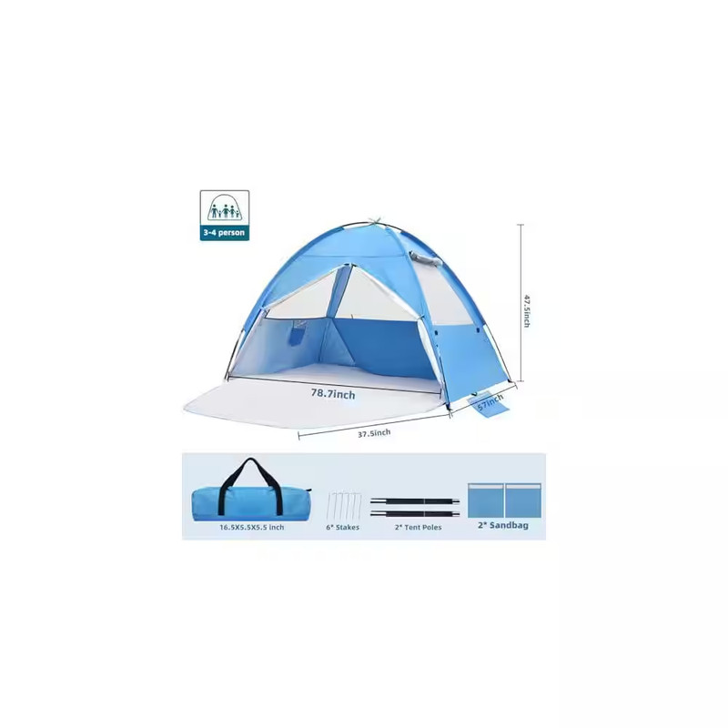 8 Ft. X 7 Ft. Blue Beach Tent Sun Shelter for 3-4 Person - UPF 50 plus UV Protec gallery