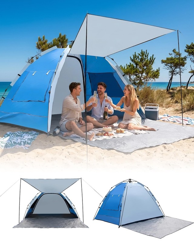 3-Person Instant Beach Tent Sun Shelter with UPF 50+ UV Protection, Portable …