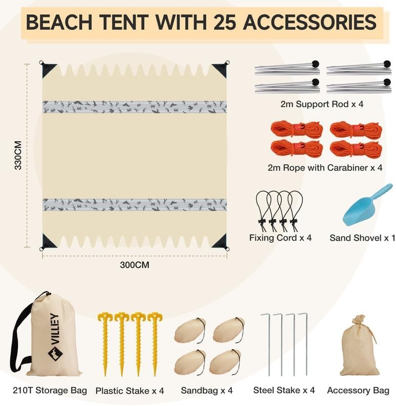 UPF50+ Beach Tent Sun Shelter, Portable 11x10' Canopy w/Stability Poles Sandbags gallery