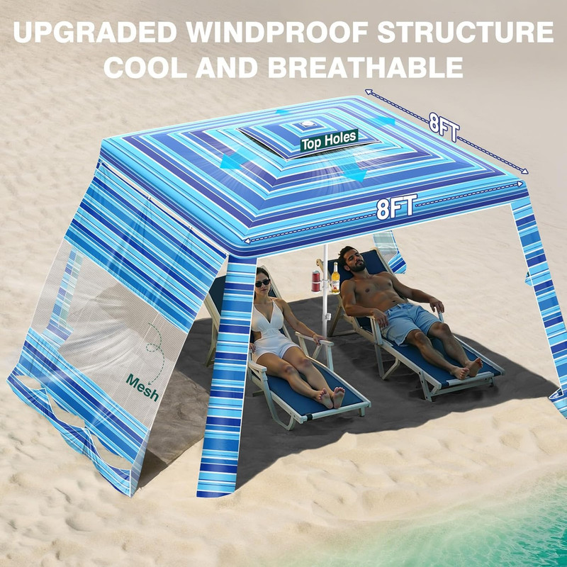 Beach Cabana, 8 * 8FT Beach Tent UPF50+ Protection, Easy Setup Beach Canopy Wind gallery