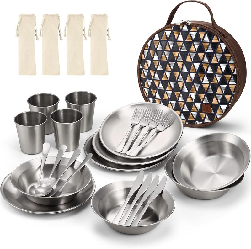 Stainless Steel Camping Mess Kit Family & Person Cooking Tableware Utensils