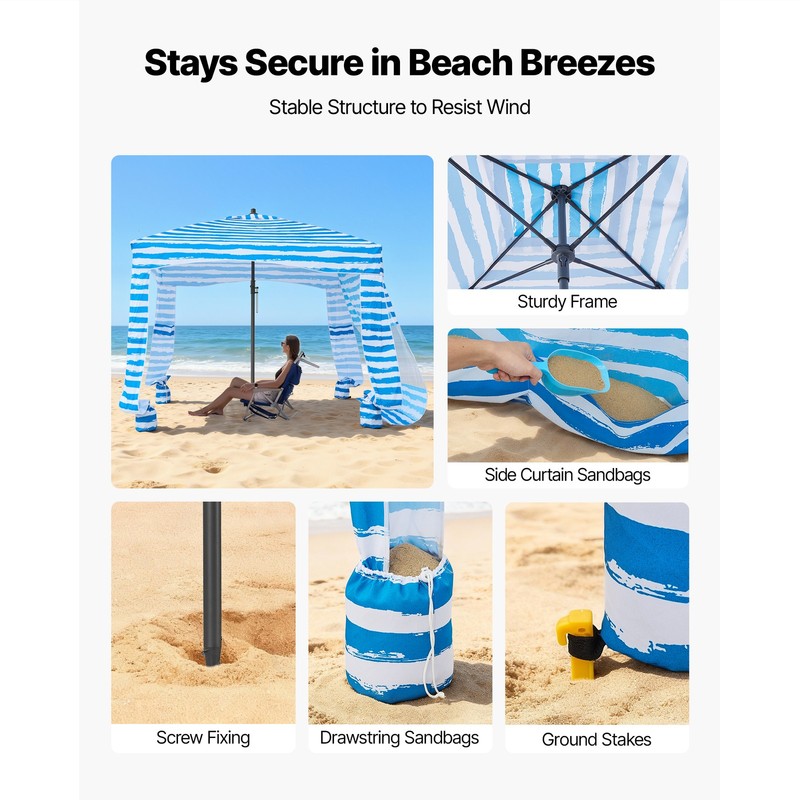 Uimoso Beach Cabana Canopy with Side Wall 6 x 6 ft UPF 50+ Blue Stripes gallery