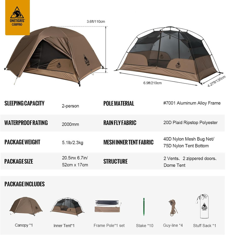 Onetigris COSMITTO 2 Person Backpacking Tent Shelter- Free Standing Lightweight gallery