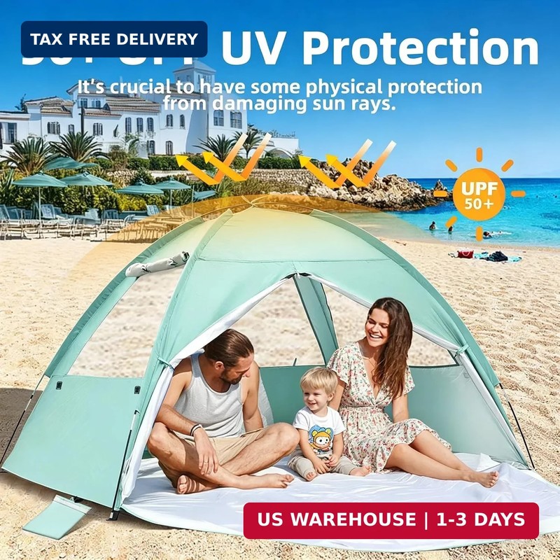 Beach Tent for 3-4 Person, Large Easy Setup Beach Shade Canopy with UPF 50＋ UV P gallery