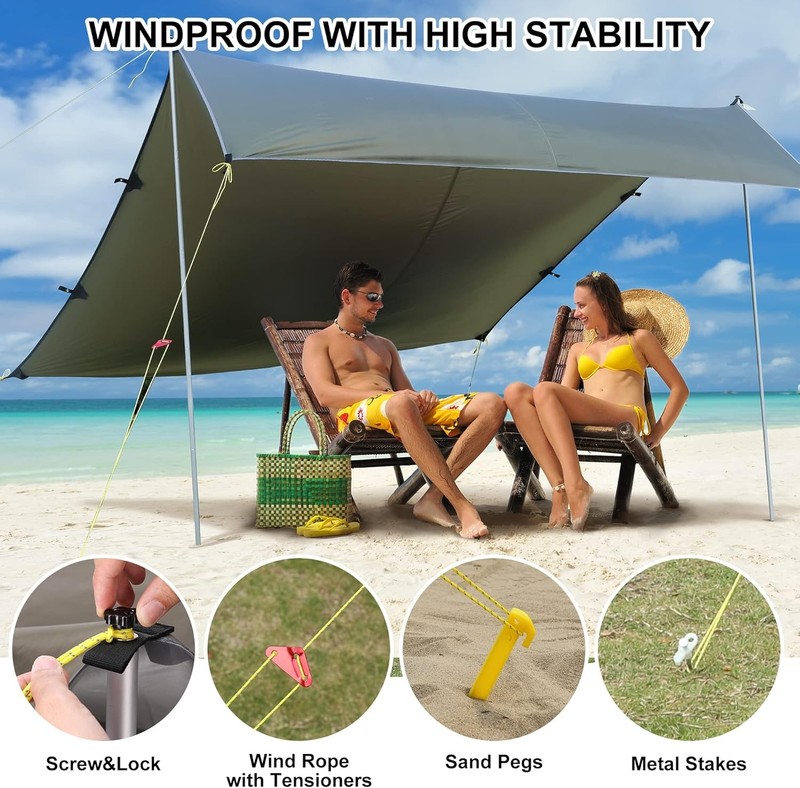 10.5x9.2FT Camping Tarp w/ Poles Portable Sun Shelter Beach Tent Tarp Waterproof gallery