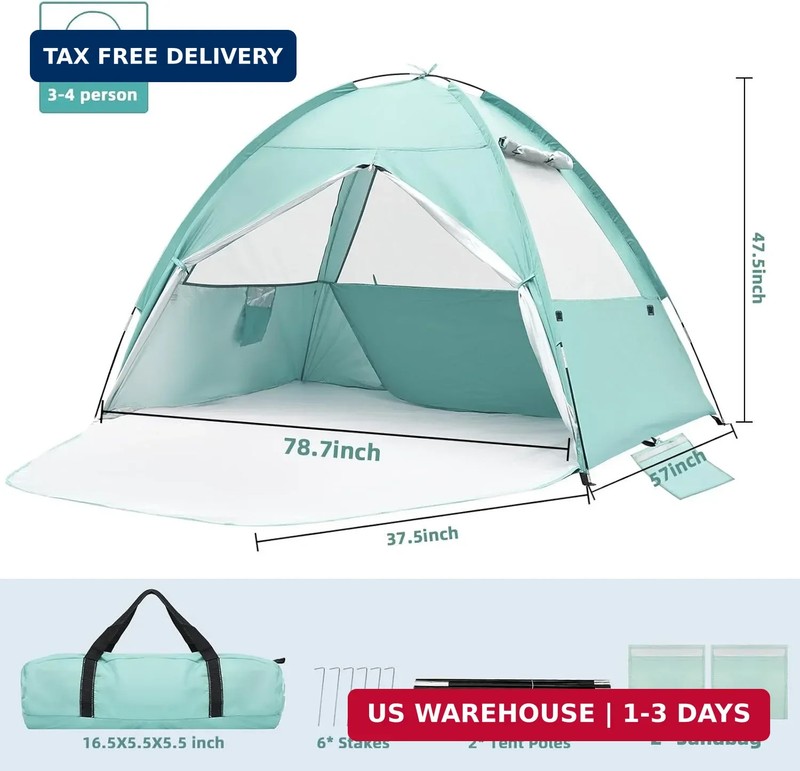 Beach Tent for 3-4 Person, Large Easy Setup Beach Shade Canopy with UPF 50＋ UV P gallery