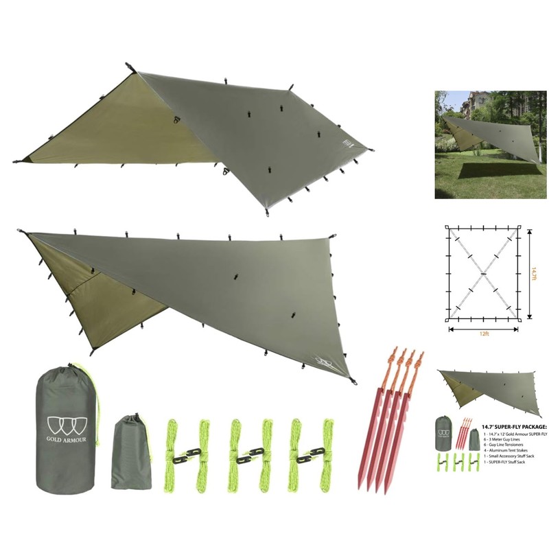 14.7ft Rain Fly Tarp Canopy – Complete Camping Set with Stakes, Ropes, and Sack