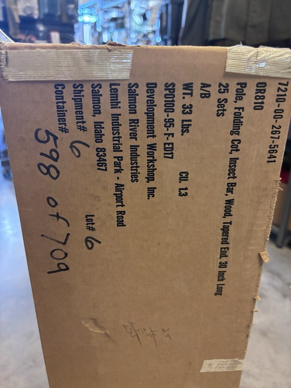 Unopened Box Of 30” GI Pinewood Folding Cot Mosquito Bar Poles 25 Sets Per Box