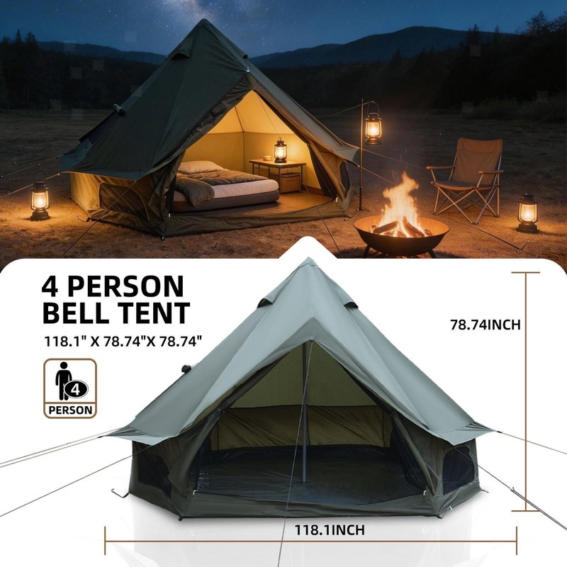Bell Tent 9.8FT Green Waterproof Yurt, Spacious Interior, Jack, Mesh , Ideal for gallery