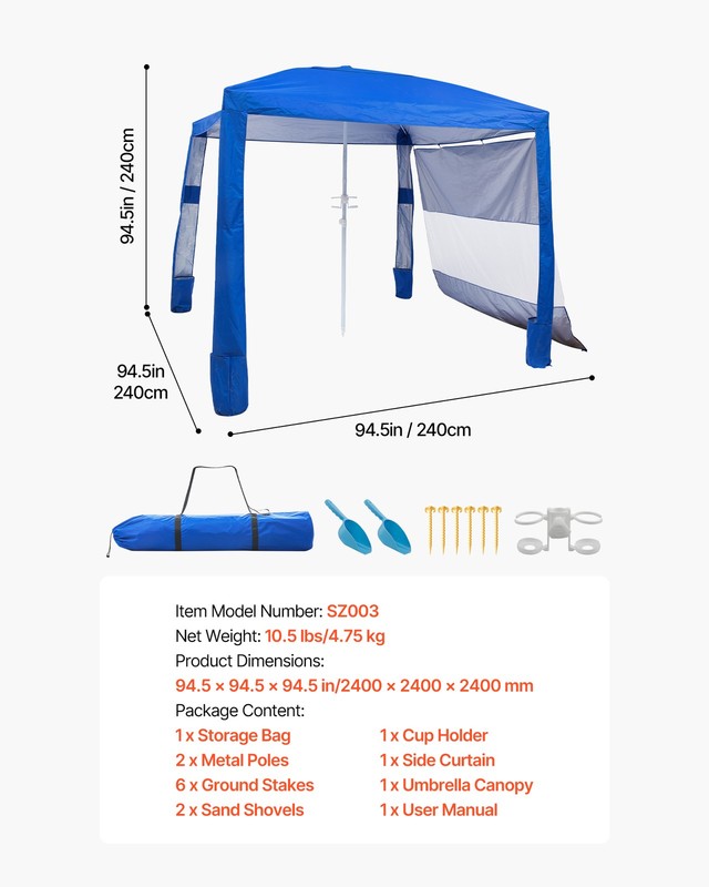 VEVOR Beach Cabana Beach Canopy with Side Wall & Carry Bag 8 x 8 ft UPF 50+ Blue gallery