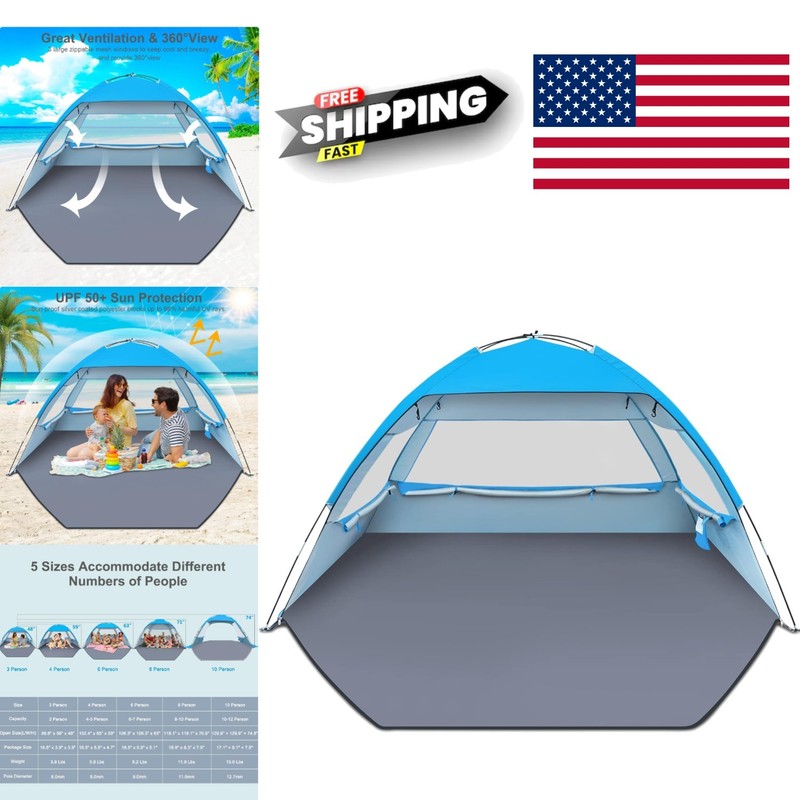 Portable Beach Shade Tent for 3 Person Water Resistant UV Protection Easy Carry