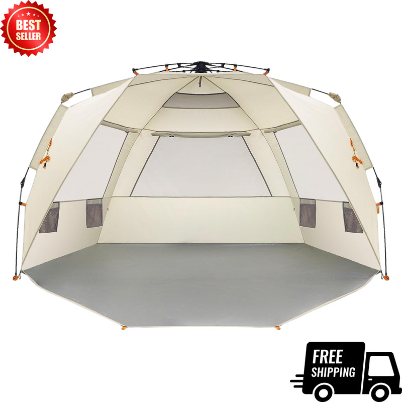 NEW Instant Beach Tent XL 99in 4-6 Person Sun Shelter Porch Beige