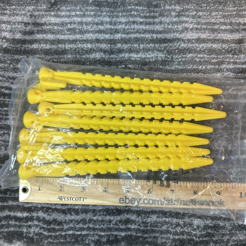 Yellow Plastic Tent Stakes Pack Of 7 Camping Peg Hooks 8.5” Anchor Blanket Tarps gallery