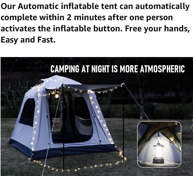 Automatic Inflatable Blow Up Camping Tent 3-4 Person Quick Set Up Electric Pump gallery