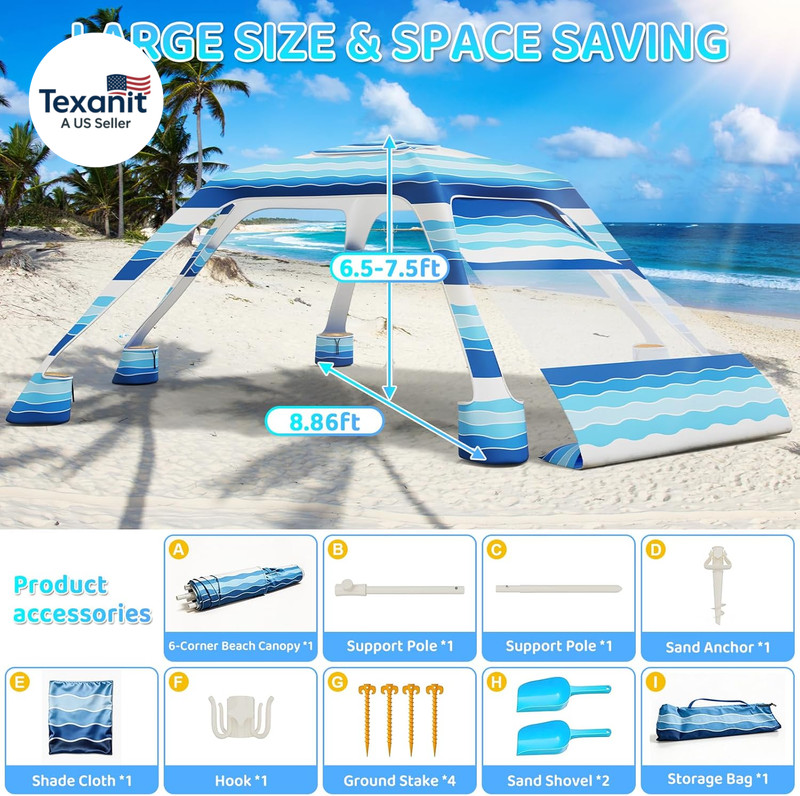 Beach Cabana with 6-Corner, 51.0 Sq.Ft UPF50+ Beach Canopy, Adjustable Height Be gallery