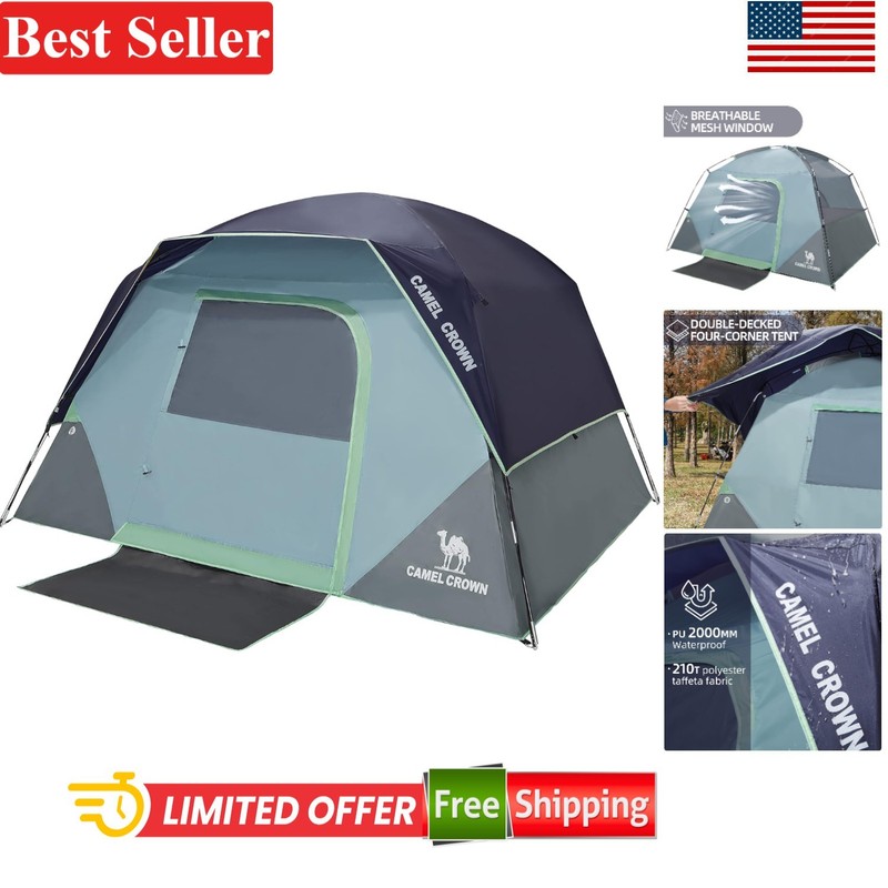 Camping Tent 4 Person Waterproof Quick Setup Freestanding 2 Room Navy Blue