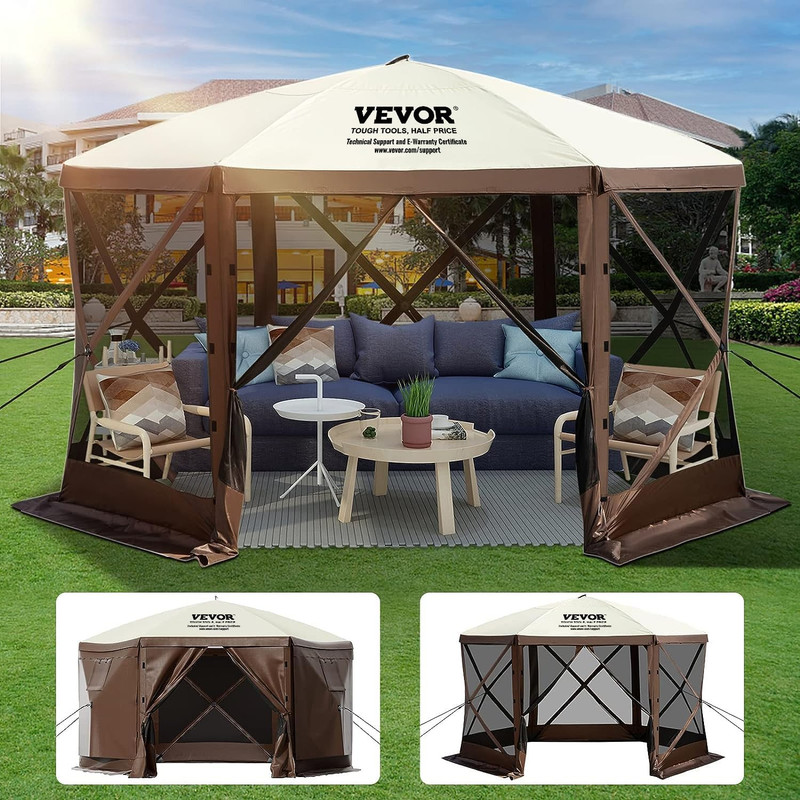 Camping Gazebo Screen Tent, 12 * 12Ft, 6 Sided Pop-Up Canopy Shelter Tent with M