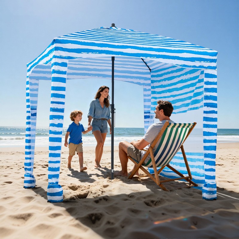 VEVOR Beach Cabana Beach Canopy with Side Wall 6 x 6 ft UPF 50+ Blue Stripes