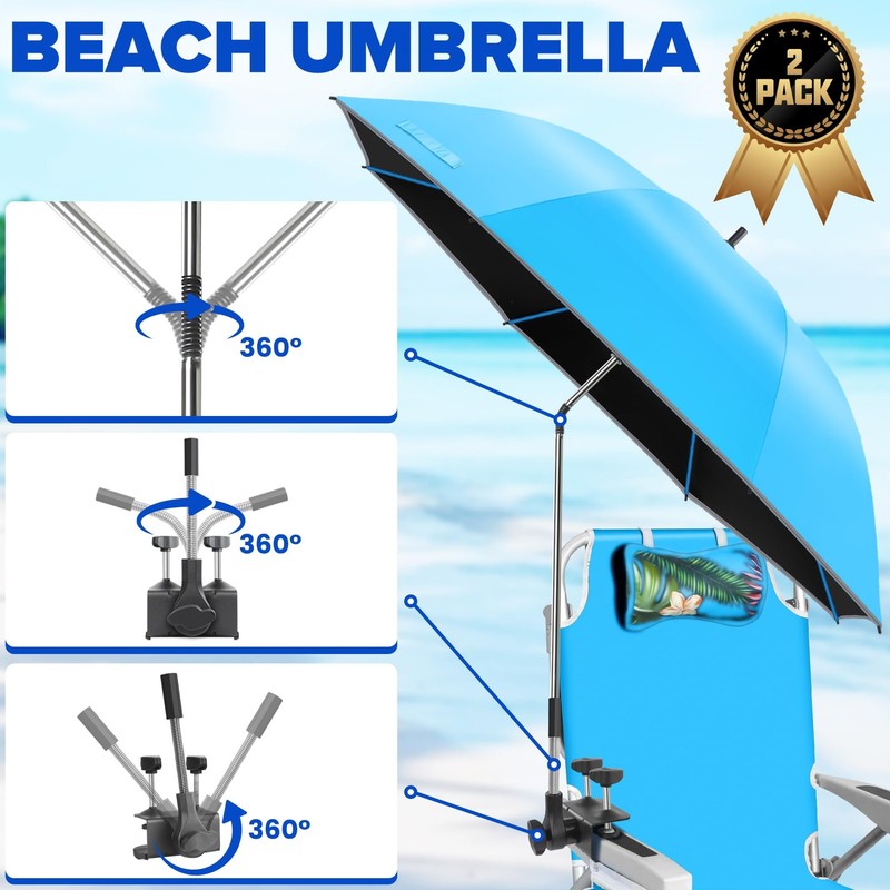 Beach Umbrella, 2PACK 48.7inch Chair Umbrella with Clamp adjustable 360°, UV ... gallery